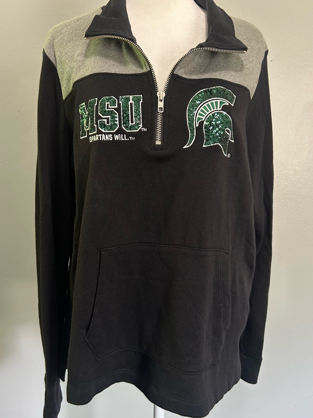 VS PINK MSU Michigan State Spartans Black Sequin Quarter Zip Pullover Sweatshirt